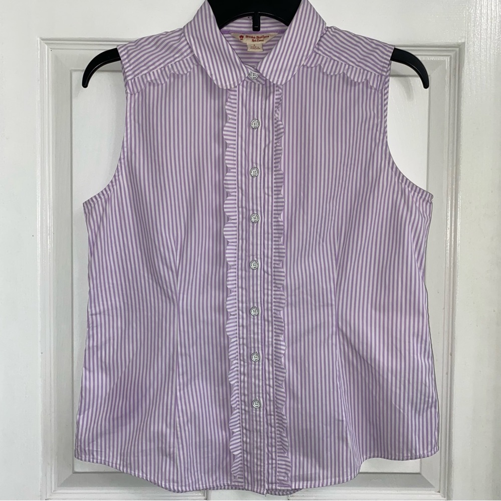 Brooks Brothers Red Fleece Sleeveless Striped Blouse Scalloped Trim women’s 4